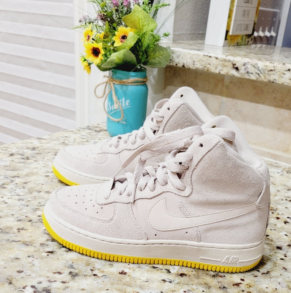 Light Pink Suede High-Top Sneakers with Yellow Sole